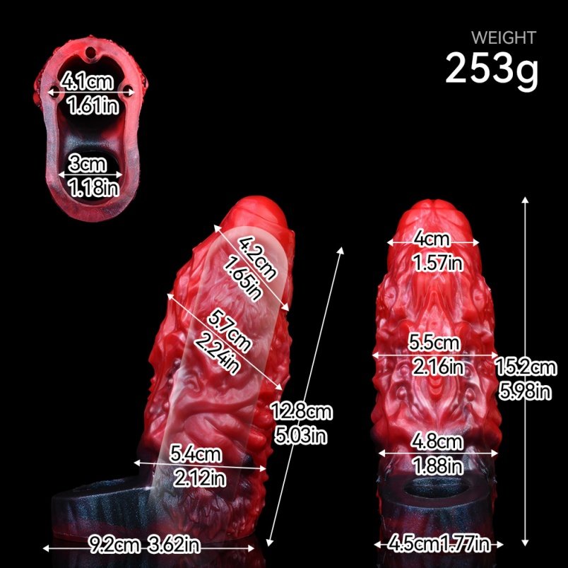 Bloedzwart Siliconen Monster Vibrerende Micropenis - Geschikt Voor 5 Inch Penisverlenging Met Penisring - Afbeelding 2
